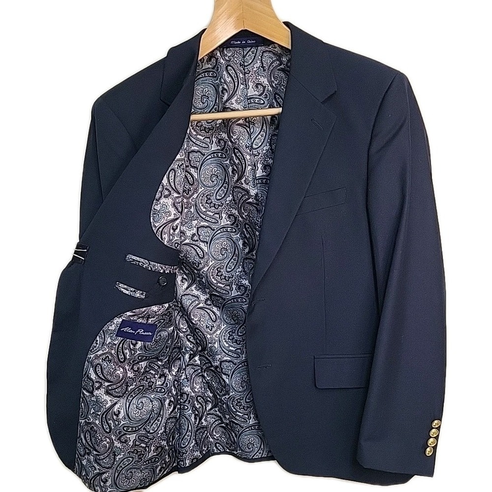 Alan Flusser Blazer Mens 40S Blue Polyester Sport Coat 2 Button Gold University